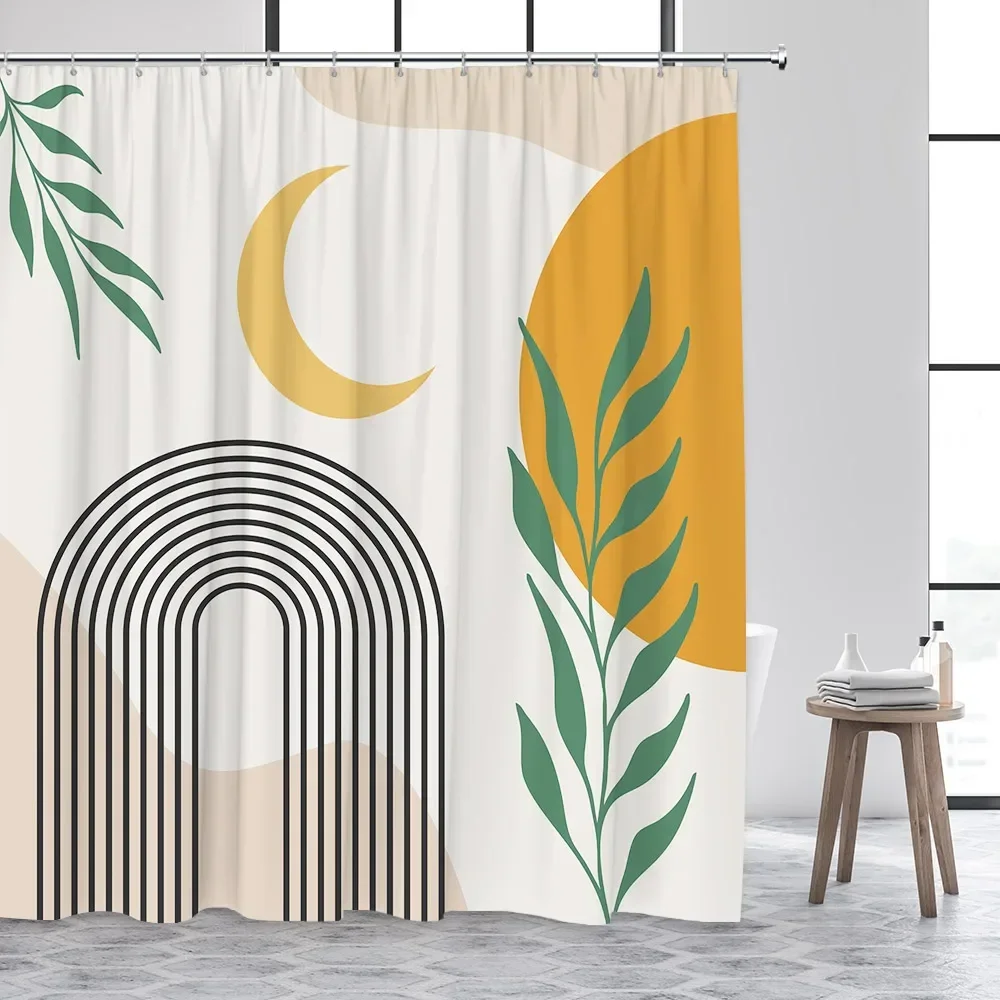 Boho Green Shower Curtain Abstract Mid Century Leaf Plant Botanical Palm Curve Minimalist Bathroom Home Decor Polyester Fabric