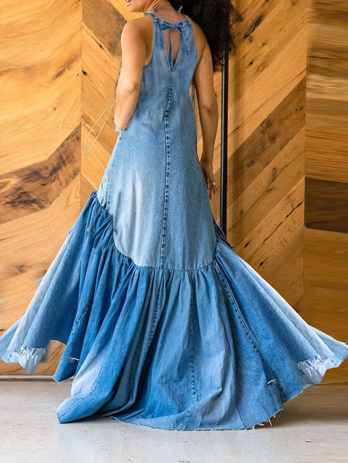 Women Ruffle Mermaid Dress Denim Bow Halter Swing Sundress Holiday Sleeveless Robe Casual Loose Mermaid Maxi Dress Spring 2024