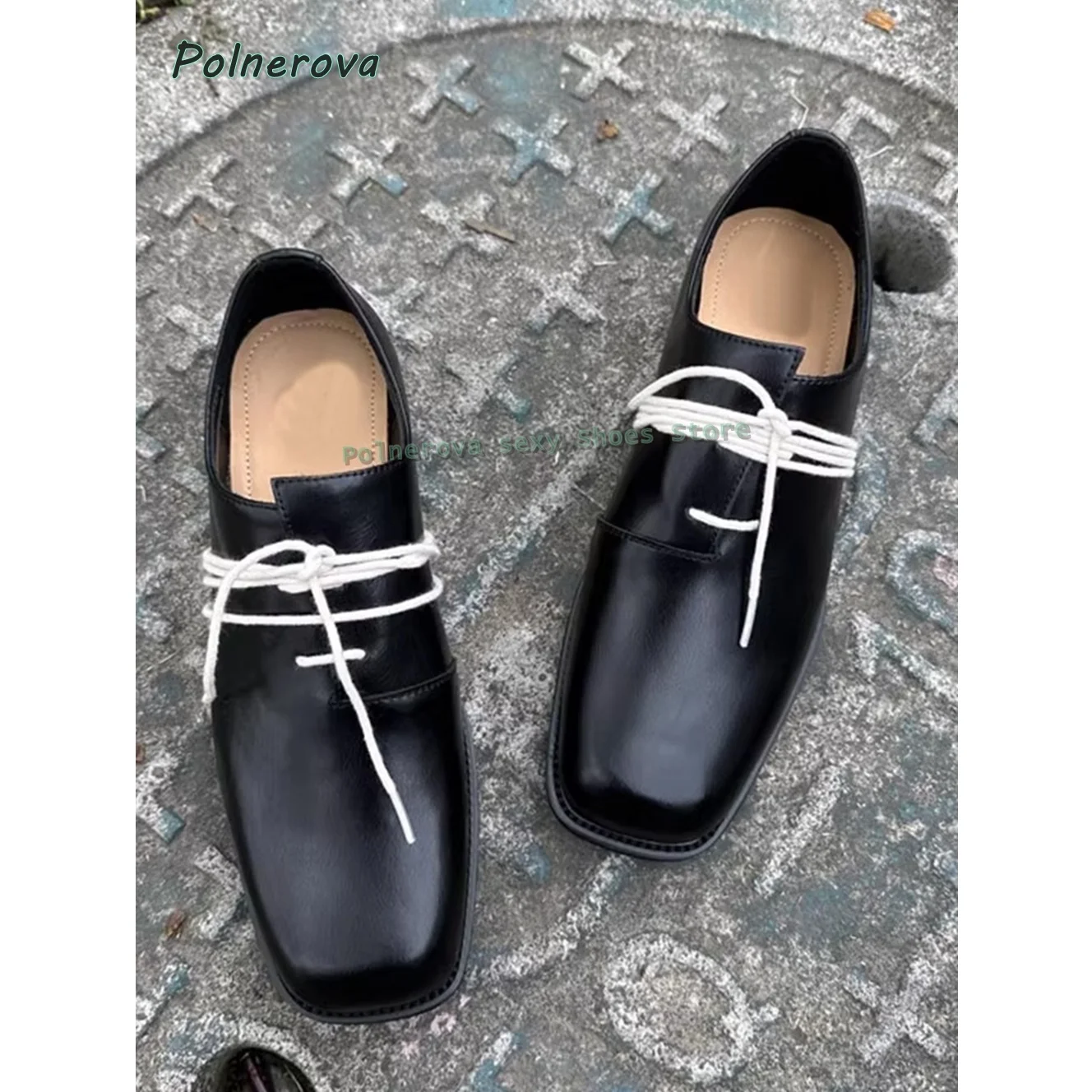

Retro British Style Loafers Shoes 2026 New Arrivals Square Toe Chunky Heels Cross Tied Patchwork Causal Shallow Leather Shoes