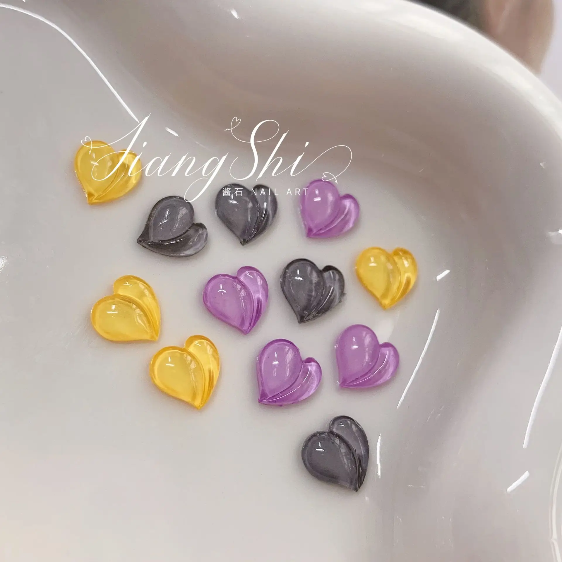 10pcs 3 Color Cute Purple Grey Yellow Heart Shape Nail Decoration Kawaii Glitter Flat Back Nail Art Accessories Popular Decor