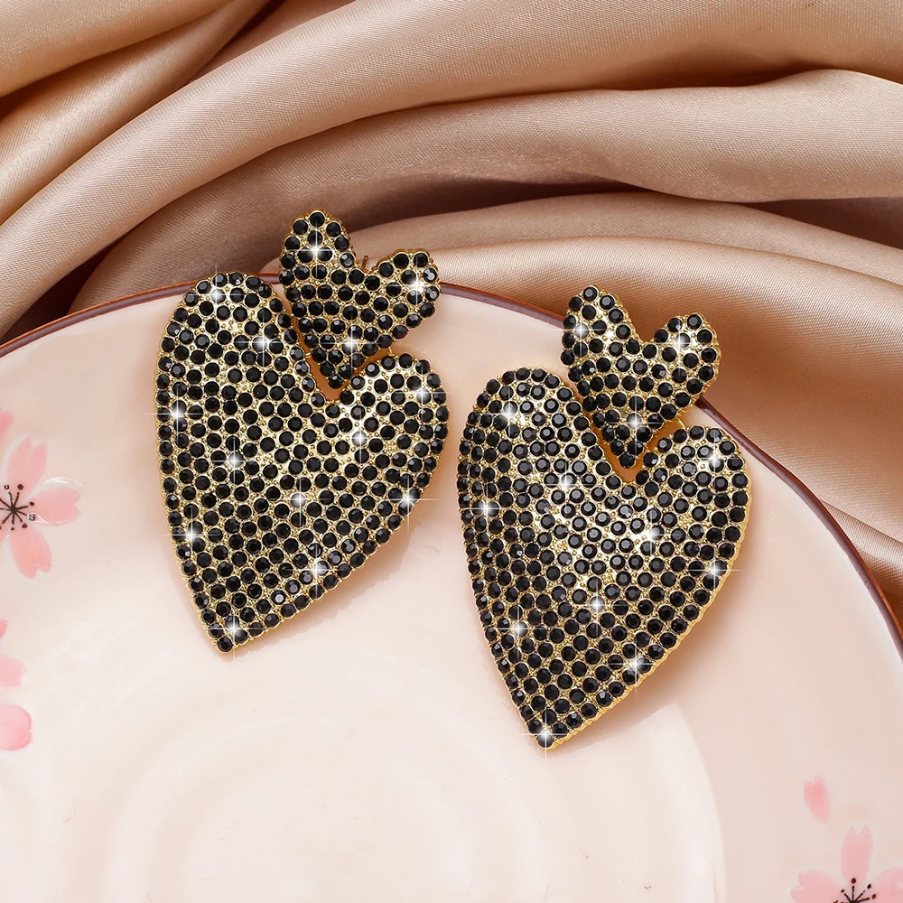 Metal Inlaid Rhinestone Large Dangle Drop Heart Earrings For Women Vintage Elegant Valentine Day Gift Ladies Stud Jewelry