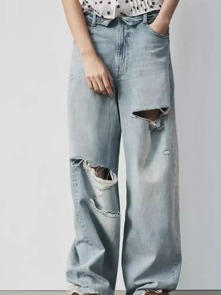 

Spring New Arrival Women's Jeans Simple Casual Mid-Waist Loose Fit Torn Cuffed Denim Pants Versatile Basic Long Trousers