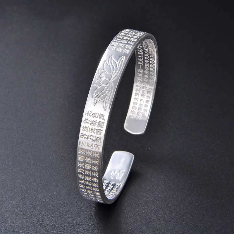 S925 Sterling Silver Bracelet New Retro Scripture Heart Sutra Bracelet Women's Opening Bracelet Silver Bracelet
