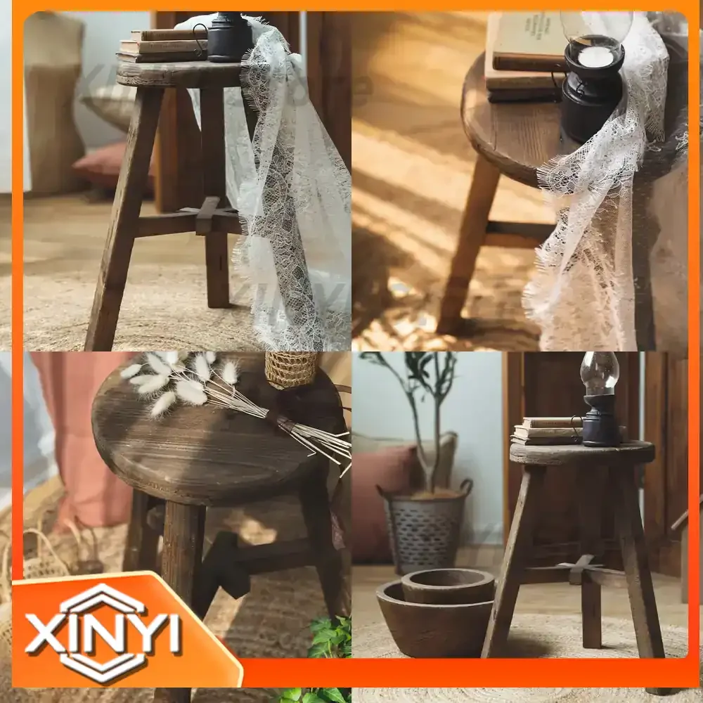 Round Stool for Runjia Home Furnishing American Handmade Retro Solid Wood High Stool Decorative Wooden Chair Potted Table