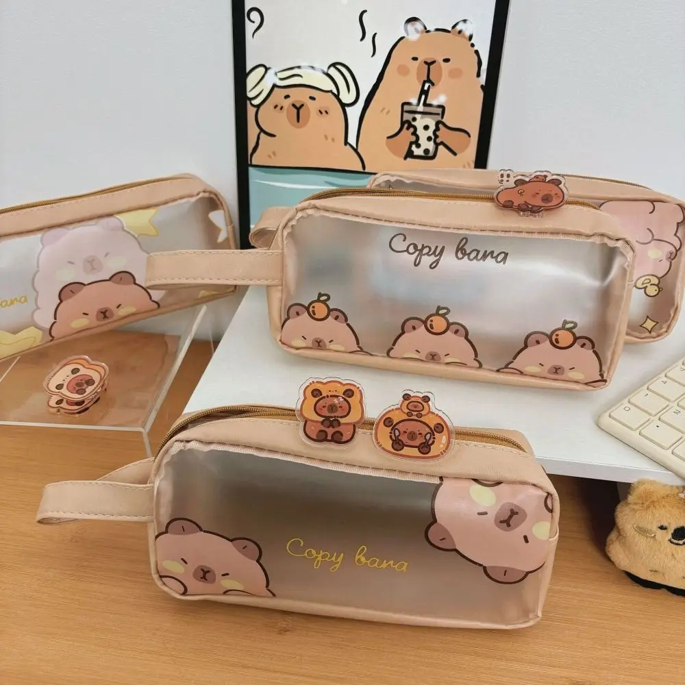 Capybara Pencil Case with Handle Matte Transparent Stationery Storage Pouch Large Capacity Pen Bag Office School Supplies