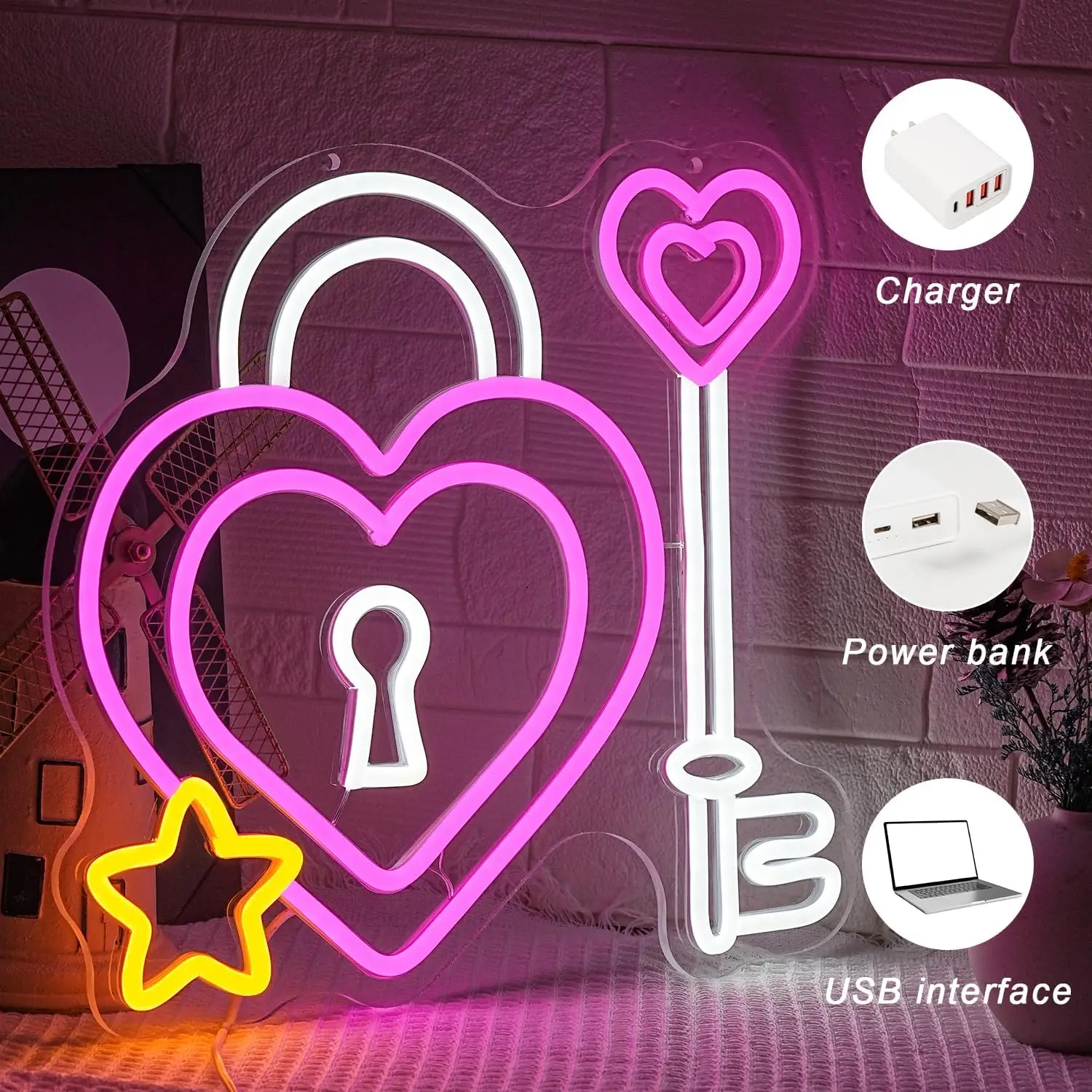 Heart Lock and Key  Neon Light Sign USB Dimmable LED Neon Sign for Bedroom Livingroom Club Bar Man Cave Party Gifts Wall Decor