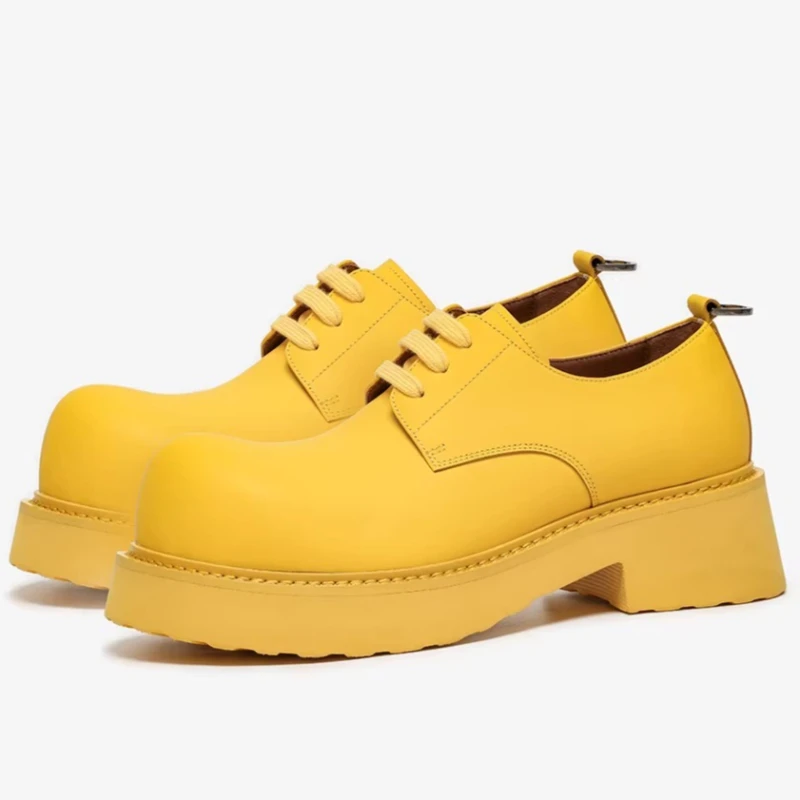 

Europe/American Street Fashion Yellow Derby Shoes for Men's Genuine Leather Big Head Casual Thick Sole Heightening Cowhide Shoes