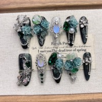 Dark Green Press On Nails Eco Resin with 3D Blue Roses Flowers Peacock Alloy Decor Crystal Gems Imitation Pearls Vintage Royal