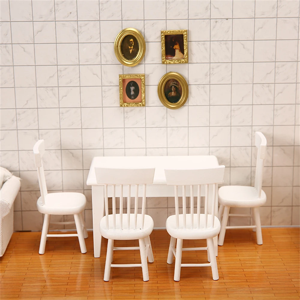 1/5PCS Miniature White Dining Table Chairs Scale Model Ornament Dollhouse 1:12 Mini Table Furniture Simulation Models DIY Crafts