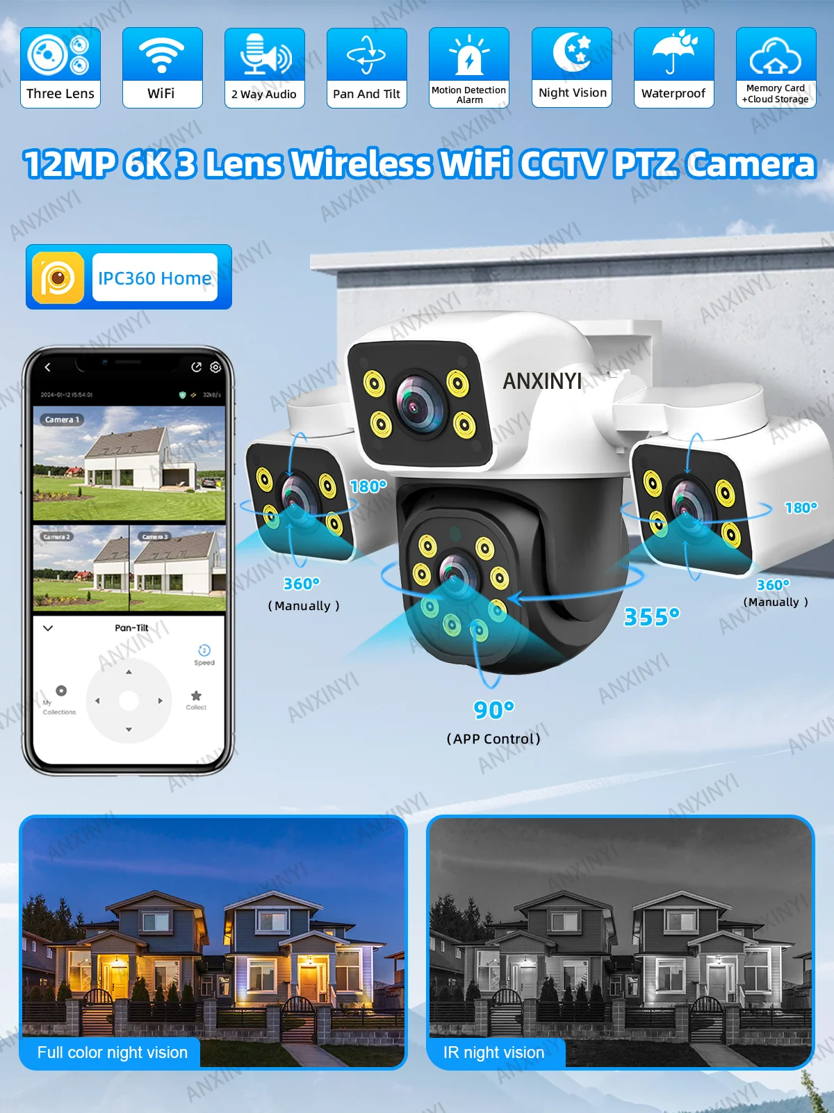 6K 12MP IPC360 المنزل واي فاي ثلاثة شاشة ثلاثة عدسة Ai إنذار الحركة كاميرا فيديو حماية الأمن مراقبة مقاومة للماء