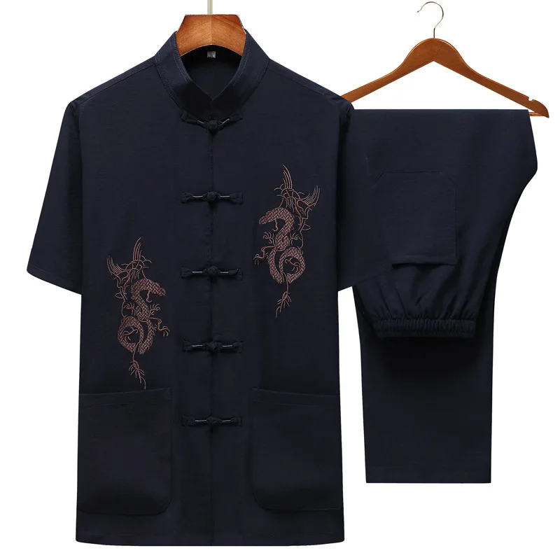 Cotton Linen Embroidered Men's Tang Suit Classic Stand Collar Hand Button Shirt Pants Elastic Waist Loungewear Set Kung Fu Suit