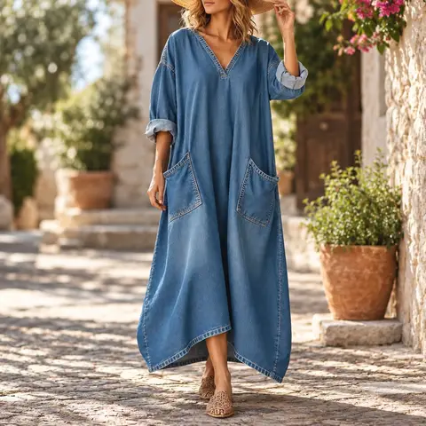 Casual Loose Fit Dress Elegant Commuting with Elastic Waist Long Skirt Maxi Length Long Sleeve Straight Skirt Dresses for Women