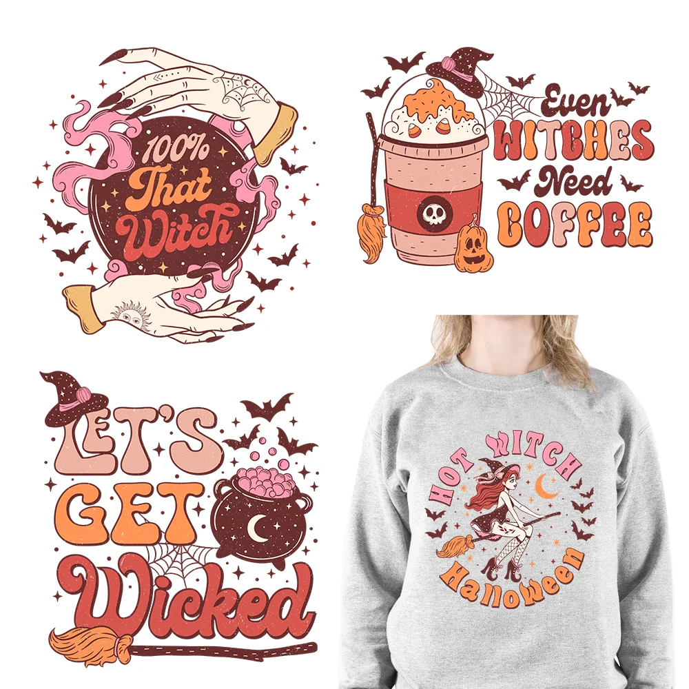 

DIY Halloween Witch Groovy Thermal Printing Witchy Woman Bad Witch Vibes DTF Transfer Sticker Ready To Press For Clothes
