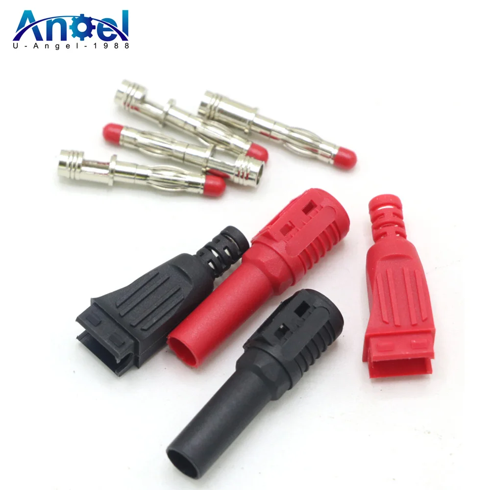 2pcs 4mm Male Right Angle Insulation Wire Solder Type DIY Banana Plug Connector Multimeter test Red/Black (1 Pair)