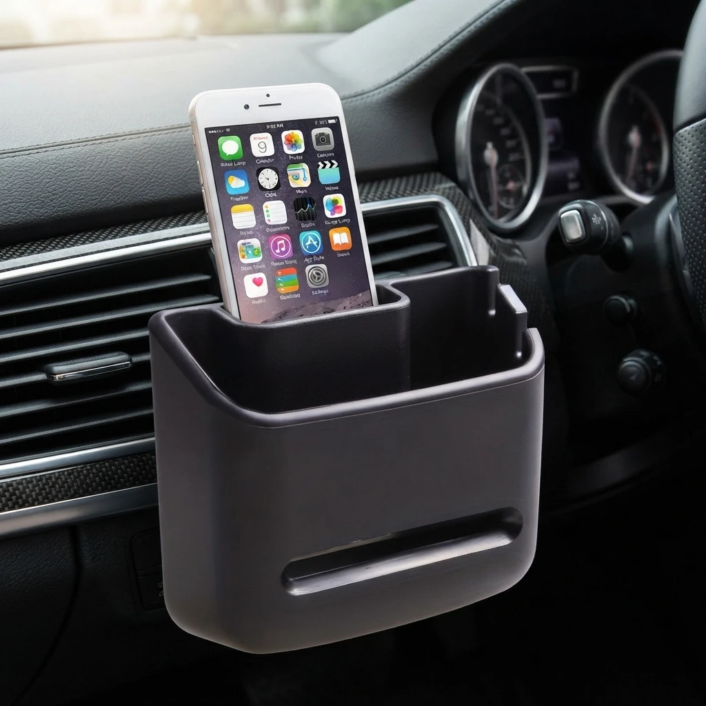 Car Interior Phone Holder Box with Cable Management Slot Plastic Storage Organizer for Car Accessories
