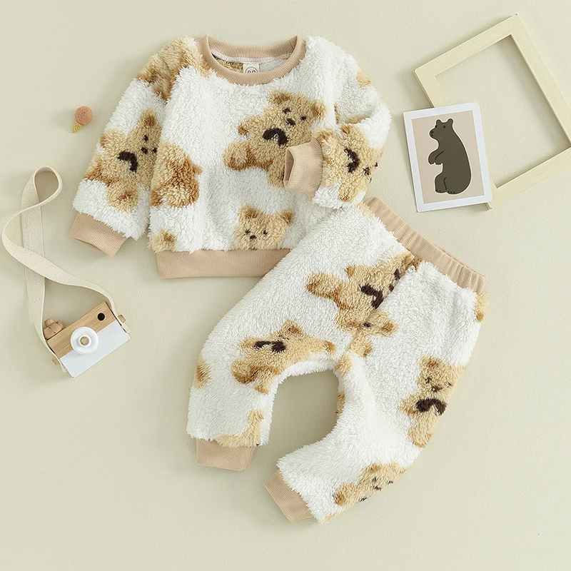 Infant Toddler Baby Boy Girl Long Sleeve Fleece Sweater Teddy Bear Pullover Fluffy Pants Set 2pcs Winter Clothes