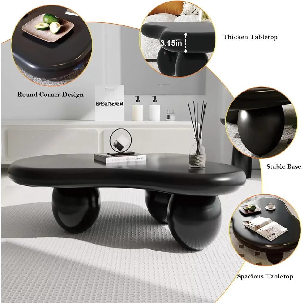 طاولة قهوة سوداء غير متماثلة مع 3 أرجل بيضاوية مستقرة، طاولة مركزية سحابة أنيقة حديثة - وجبات خفيفة للكمبيوتر المحمول وكتب المقهى #3