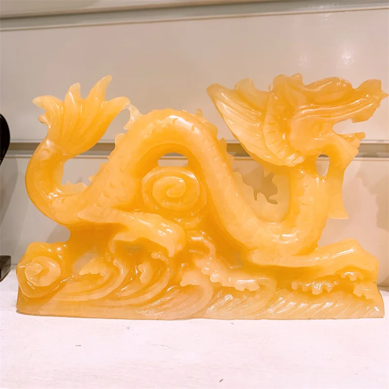 Natural Yellow Calcite Chinese Dragon Carving Polished Statue Healing Healthy Children Toy Home Decoration Gift 1pcs