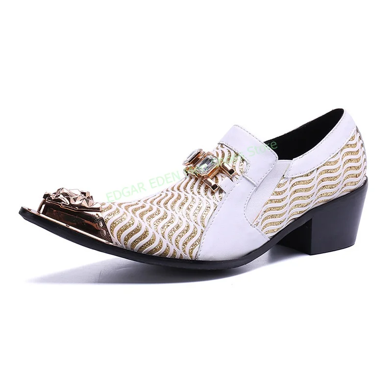 

High Quality Genuine Leather Men's Formal Loafer Shoes Male Slip On Square Heel Metal Pointed Toe Beige Chelsea Shoes
