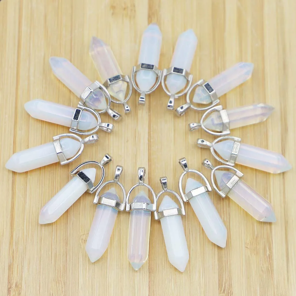 

New Natural Stone Opal Pillar Point Hexagonal Pendulum Pendants Charms Column Necklace Men Fashion Jewelry Gift DIY Making 24Pcs