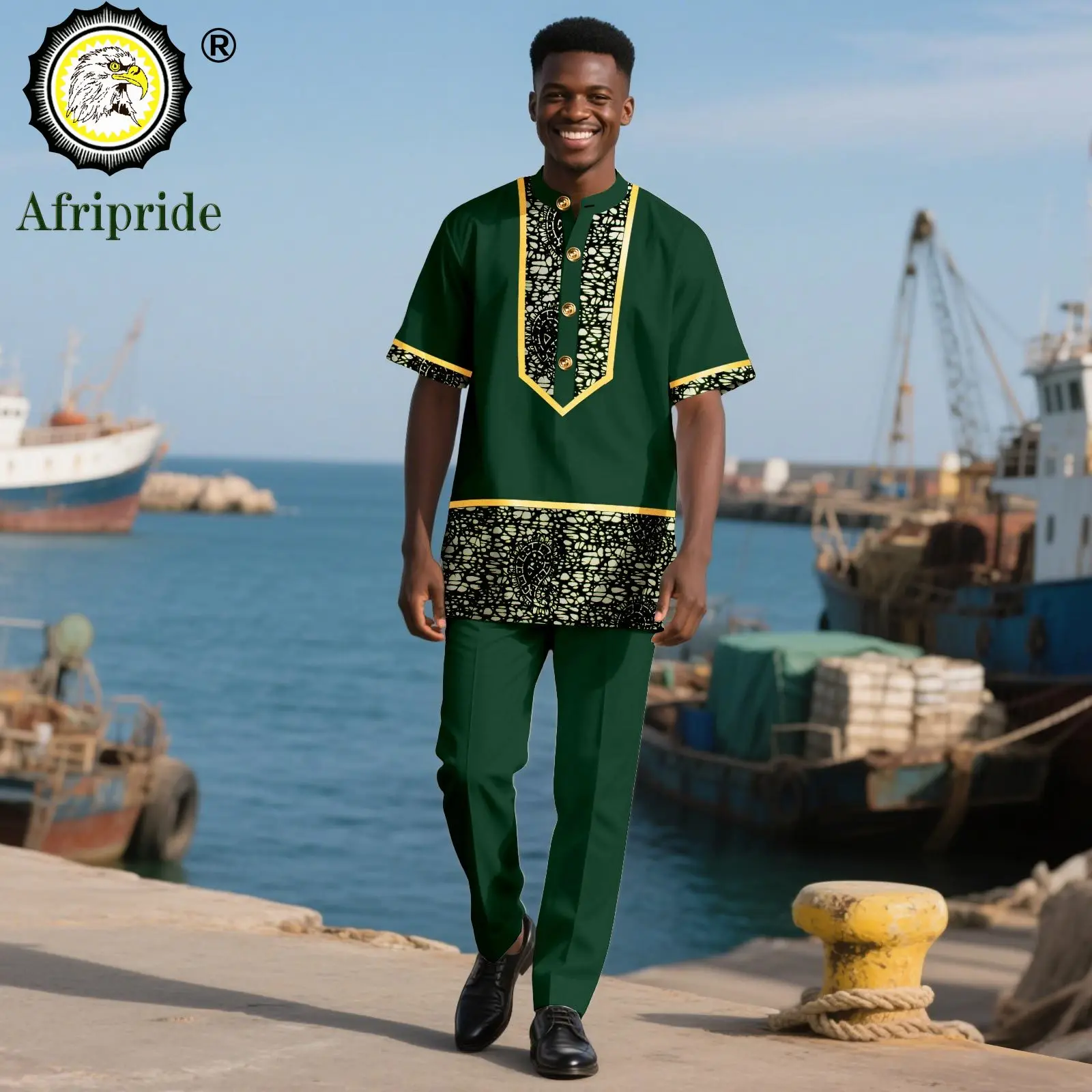 African Traditional Clothing for Men Half Sleeve Embroidery Print Single Breasted Shirts and Pants 2 Piece Outfits 2516056