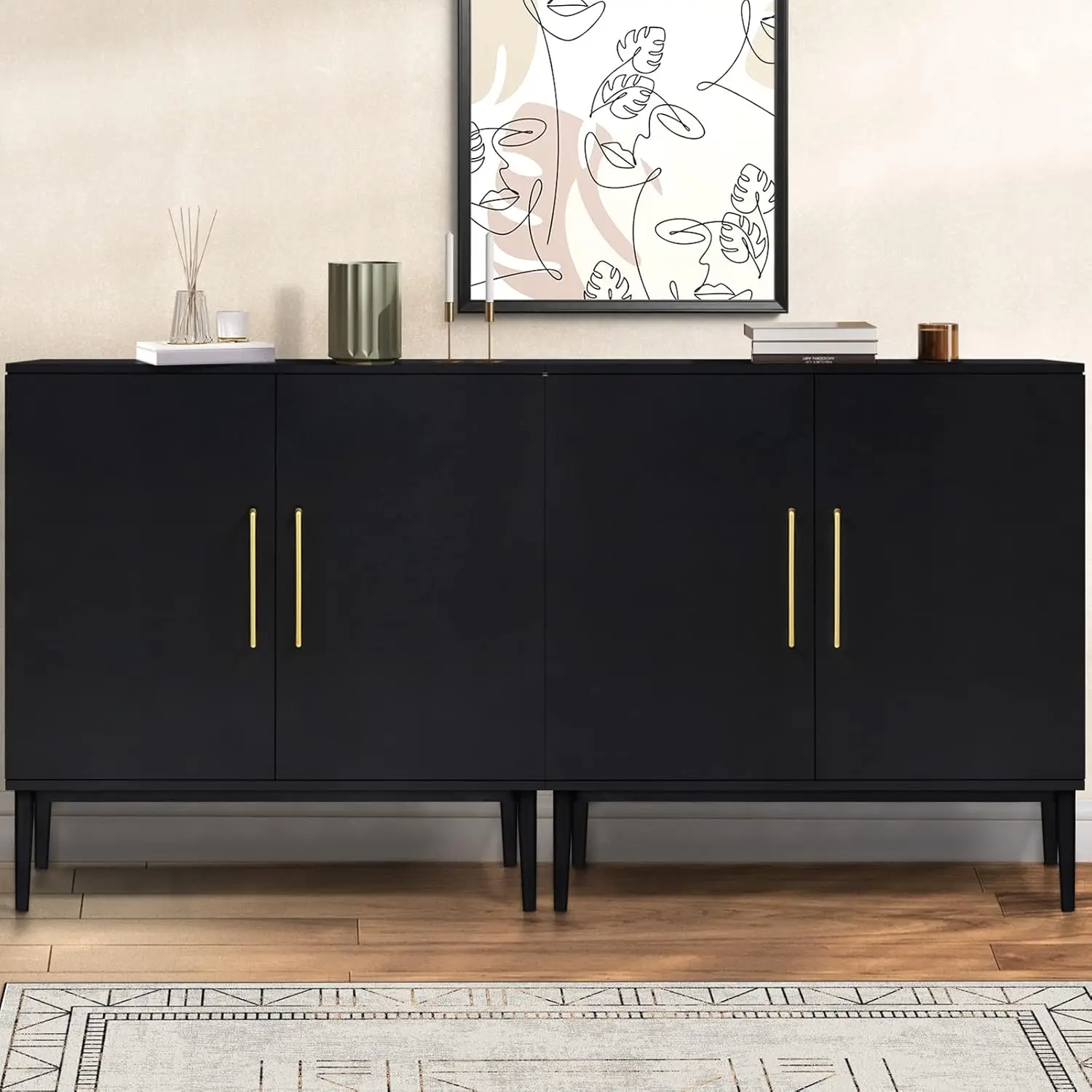 

Set of 2 Black Side Storage Cabinet, Free Standing Cabinets, Wood Accent Cabinet with Doors, Black Sideboard for Bedroom,Kitchen