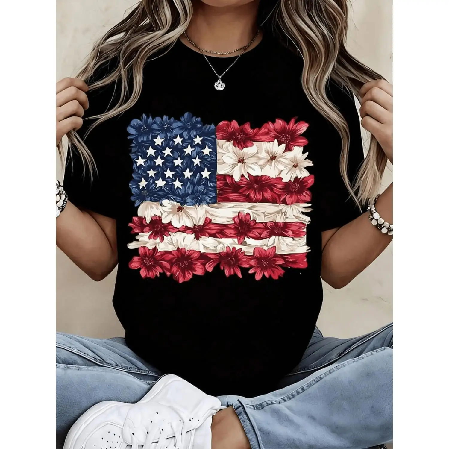 Floral American Flag Cotton T-shirt Women Casual Patriotic Print Top Independence Day Celebration Summer Clothing 250 Years of American Independence Shirt
