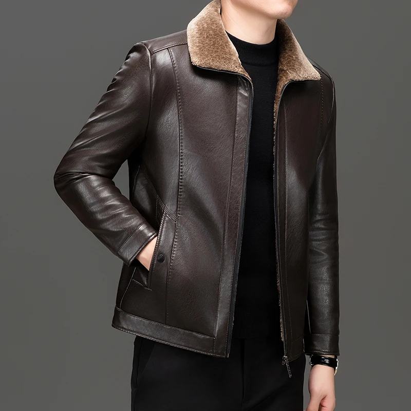

Warm Fleece-Lined Men's PU Leather Jackets for Urban Exploration Coat Winter Essential in Classic Black & Rich Brown Attire