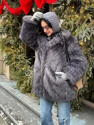 Autumn Winter Grey Fluffy Faux Fur Thick Coat Women Fashion Lapel Long Sleeves Plush Jacket Chic Lady High Street Outerwear