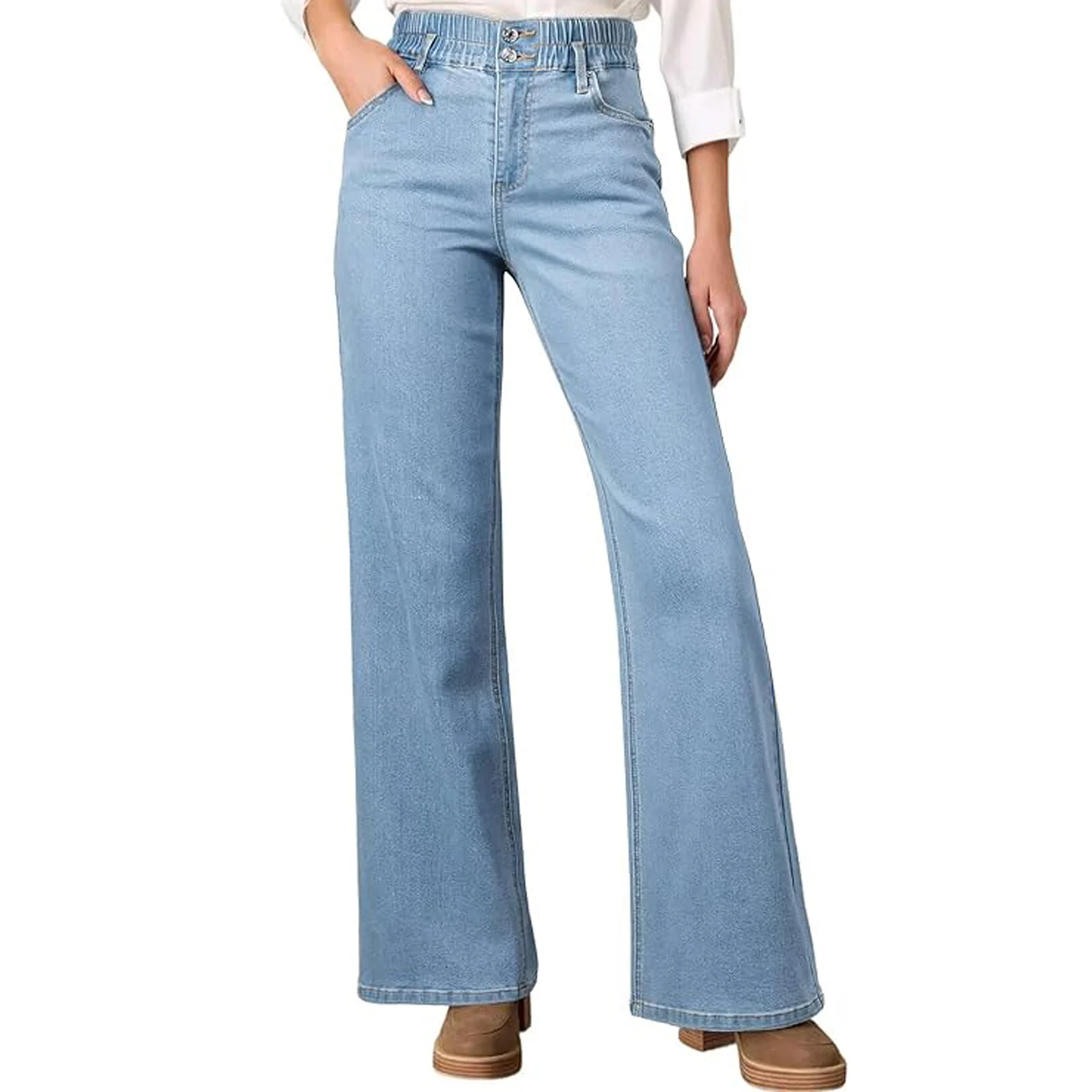 بنطلون جينز نسائي واسع الساق جينز خفيف أزرق مغسول عالي الخصر تصميم نسخة فضفاضة مريحة ملابس يومية عصرية