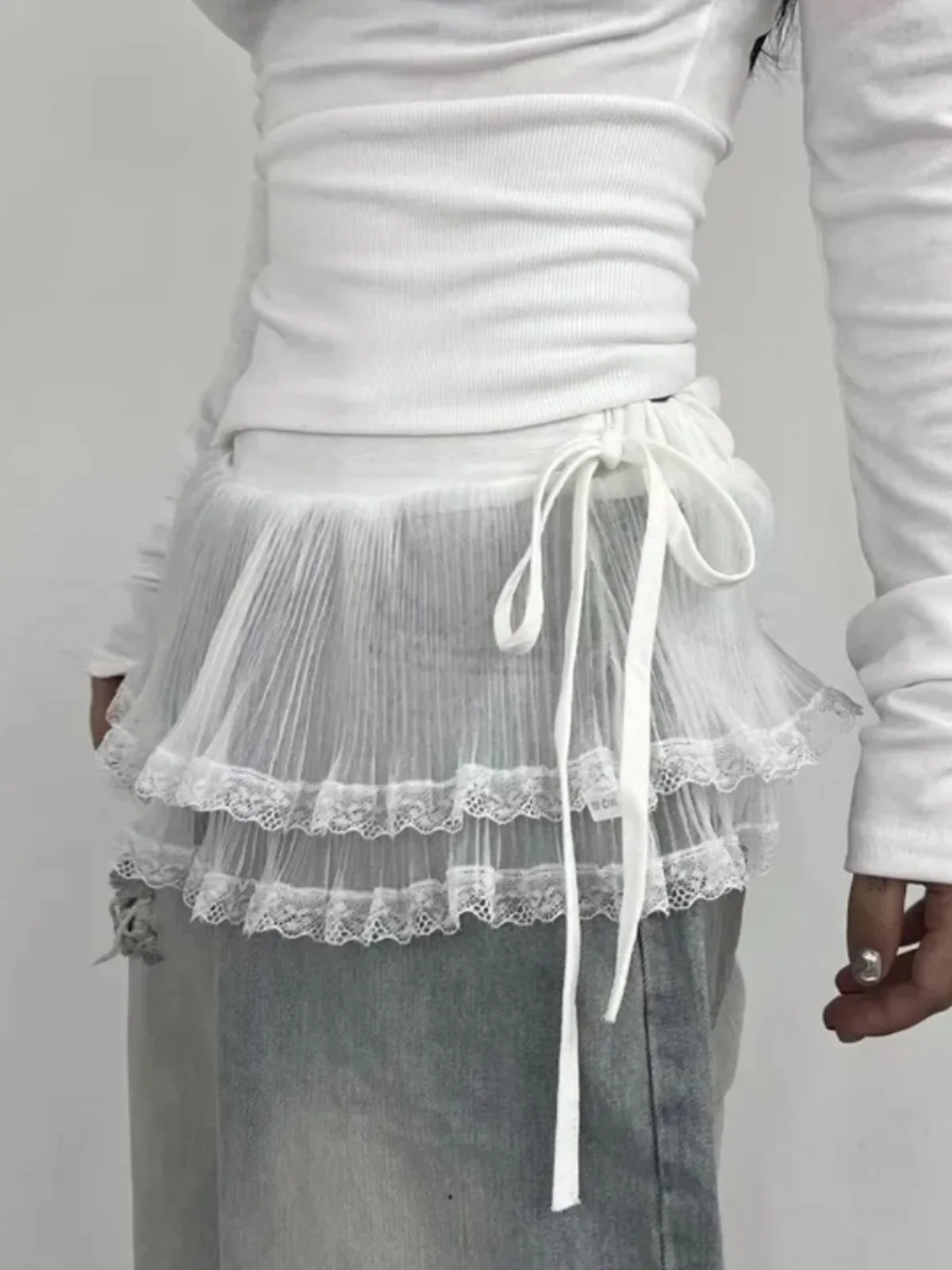 Korean Style Lace Skirt with Belt Net Curtain Backless Half Skirt Apron Women's Spring New Style Layered Wear High Waist A-Li...