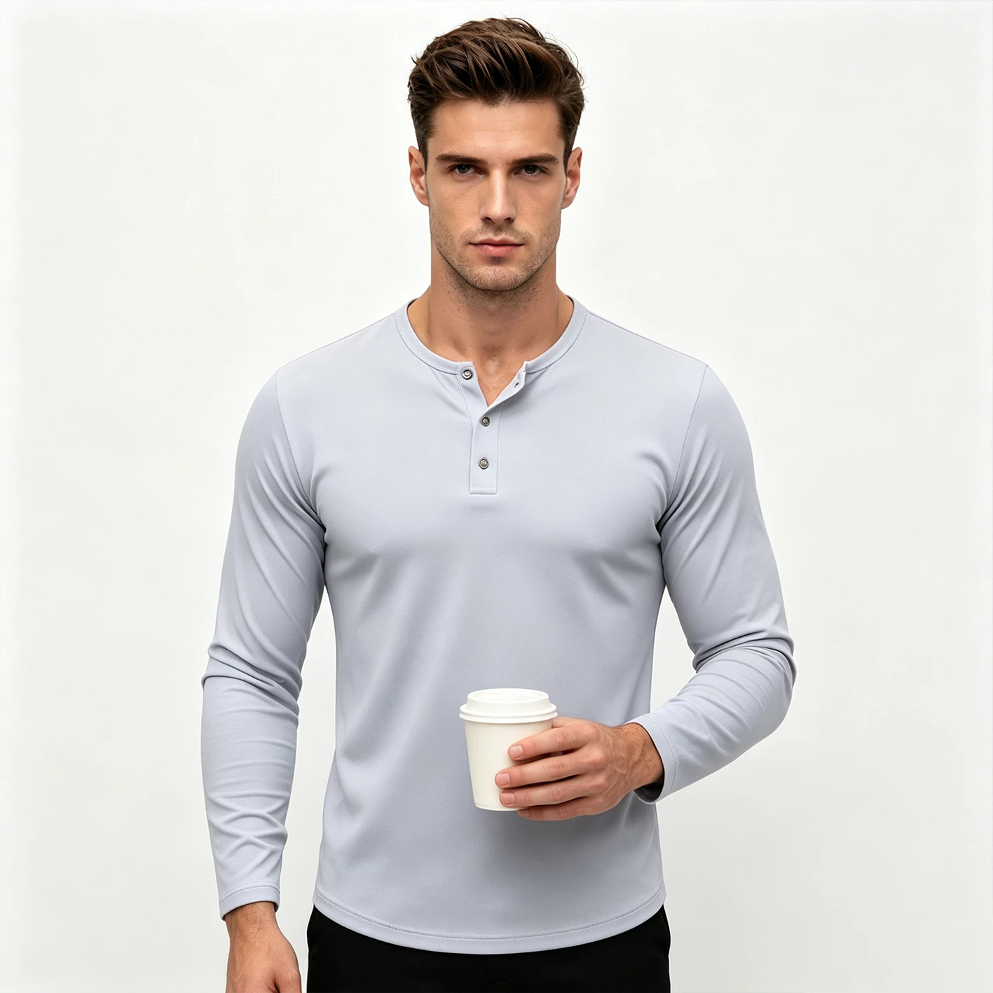 Men Henley Neck Long Sleeve T‑Shirt 3 Buttons Placket Solid Color Slim Fit Casual Daily Wear Tops
