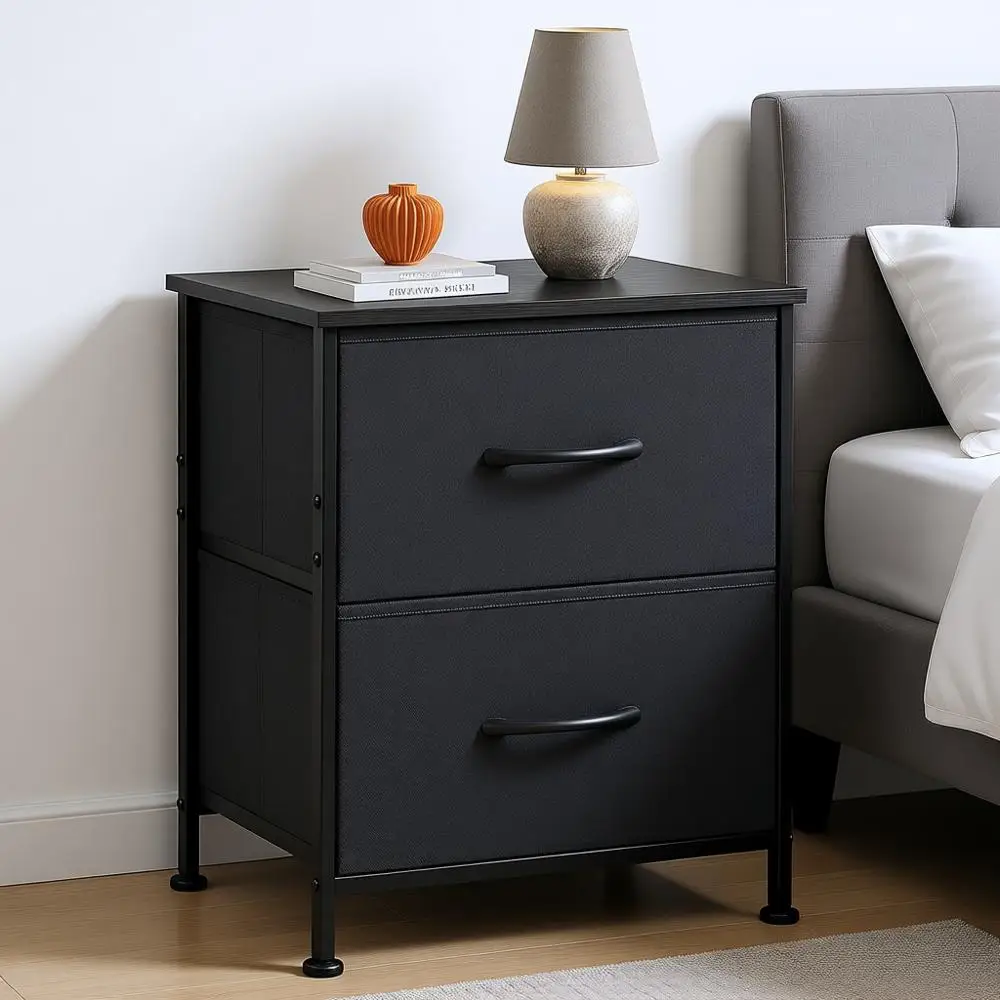 

Прикроватная тумбочка с ящиками, деревянной столешницей, тканевыми корзинами, для спальни, гардеробной, прихожей, студенческого общежития, угольно-черная