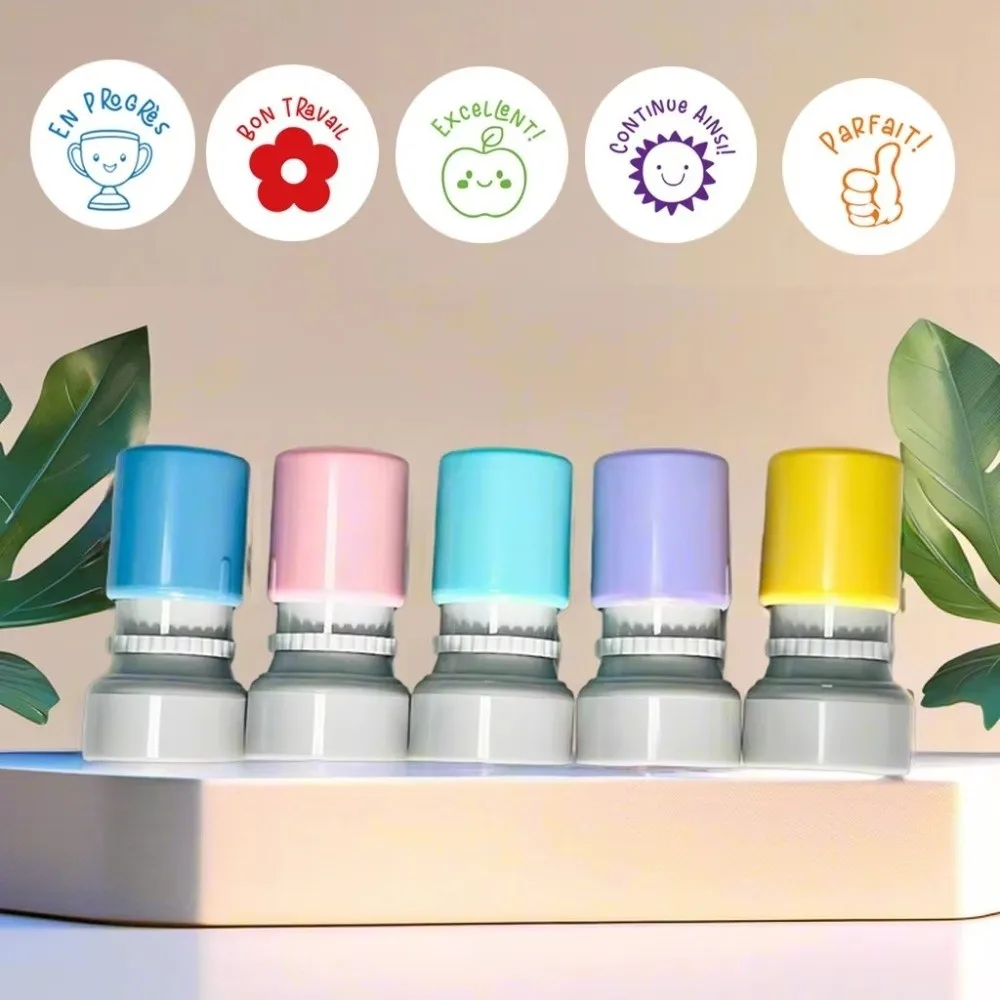 5Pcs/Set French Teacher Seal Stamp Automatic inking Praise French Seal Round Homework Correcting Stationery Encourage Students