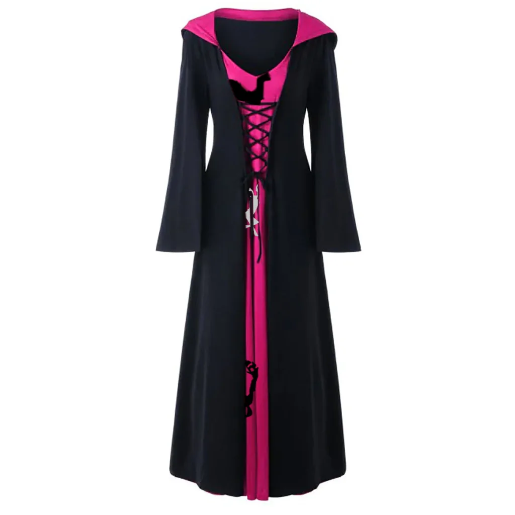 Abito medievale per donna Costume da adulto con cappuccio Vintage con lacci Costume lungo da strega vampiro spaventoso di Halloween di natale Cosplay retrò