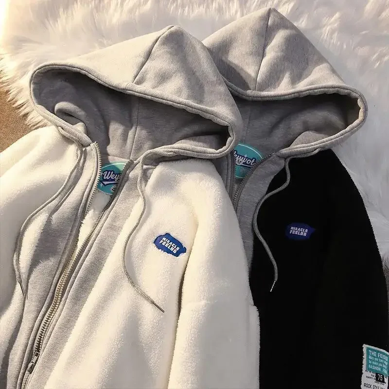 النمط الأمريكي لامب المخملية سترة المرأة العصرية INS الخريف الشتاء مقنعين الملابس القطنية سميكة فضفاضة الأزواج البلوز #2