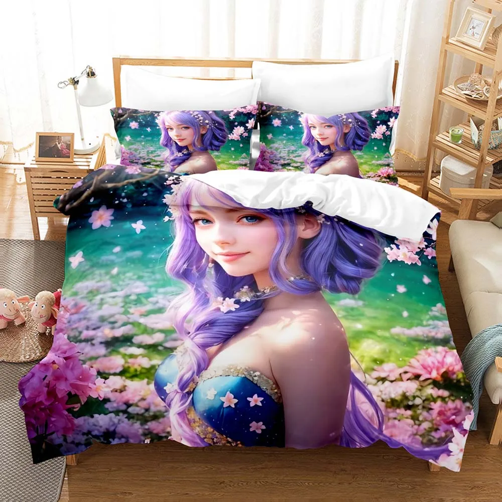 Kawaii Fantasy Lavender Girls Three Piece Bedding Set Luxury Comforter Set with Queen King Size Including purple household goods
