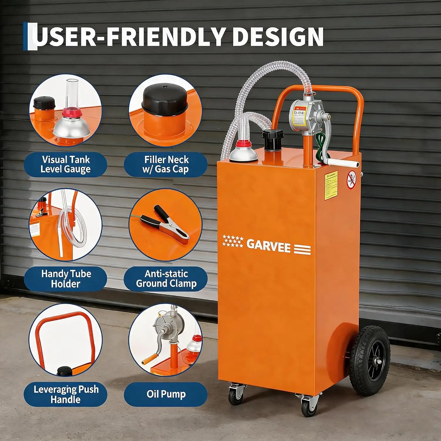 35 Gallon Fuel Caddy with Transfer Pump, Portable Fuel Transfer Storage Tank for Garage, Workshop, Auto, Boat & Racing Use, Orange