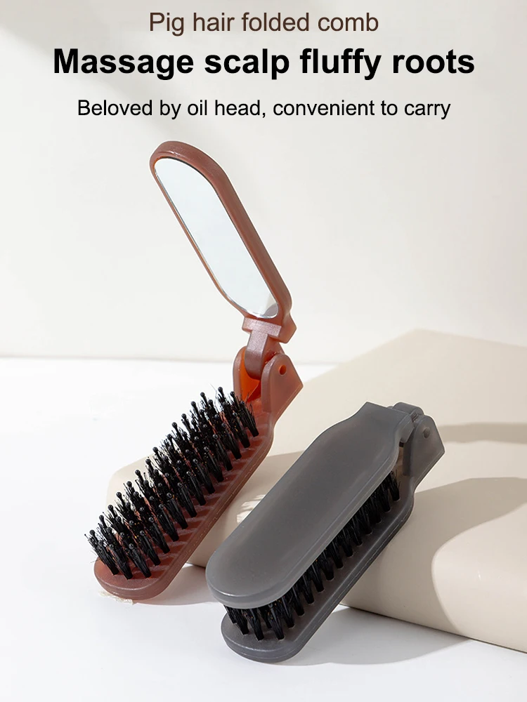 Peigne de Massage en poils de sanglier, antistatique, avec miroir de maquillage, peigne pliant, crâne haut, fournitures de peignes de coiffure intégrés