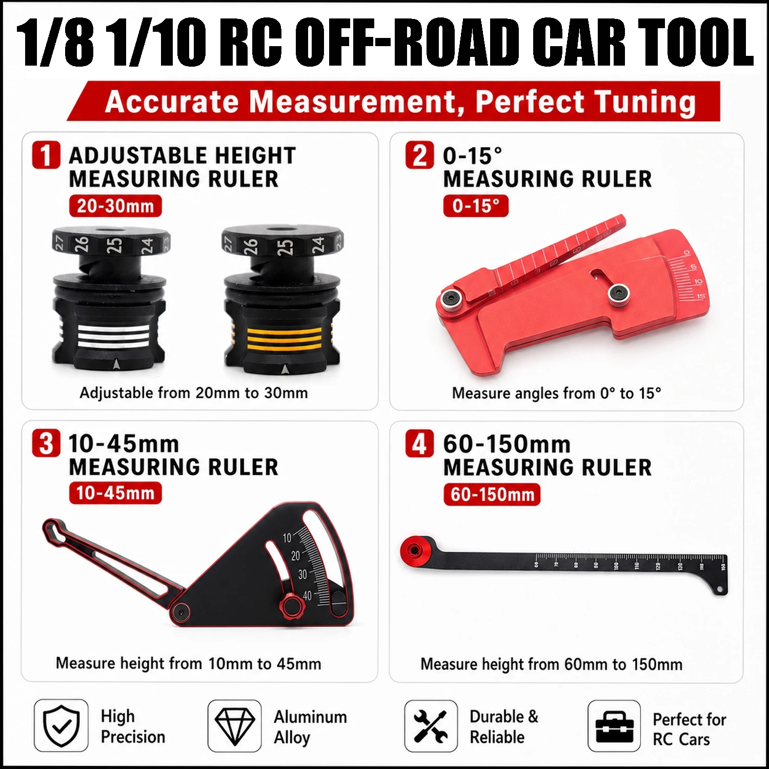 10-45mm / 60-150mm Adjustable Height Measuring Ruler 0-15° Balance Ruler for Traxxas Axial SCX10 1/8 1/10 RC Off-Road Car Tool
