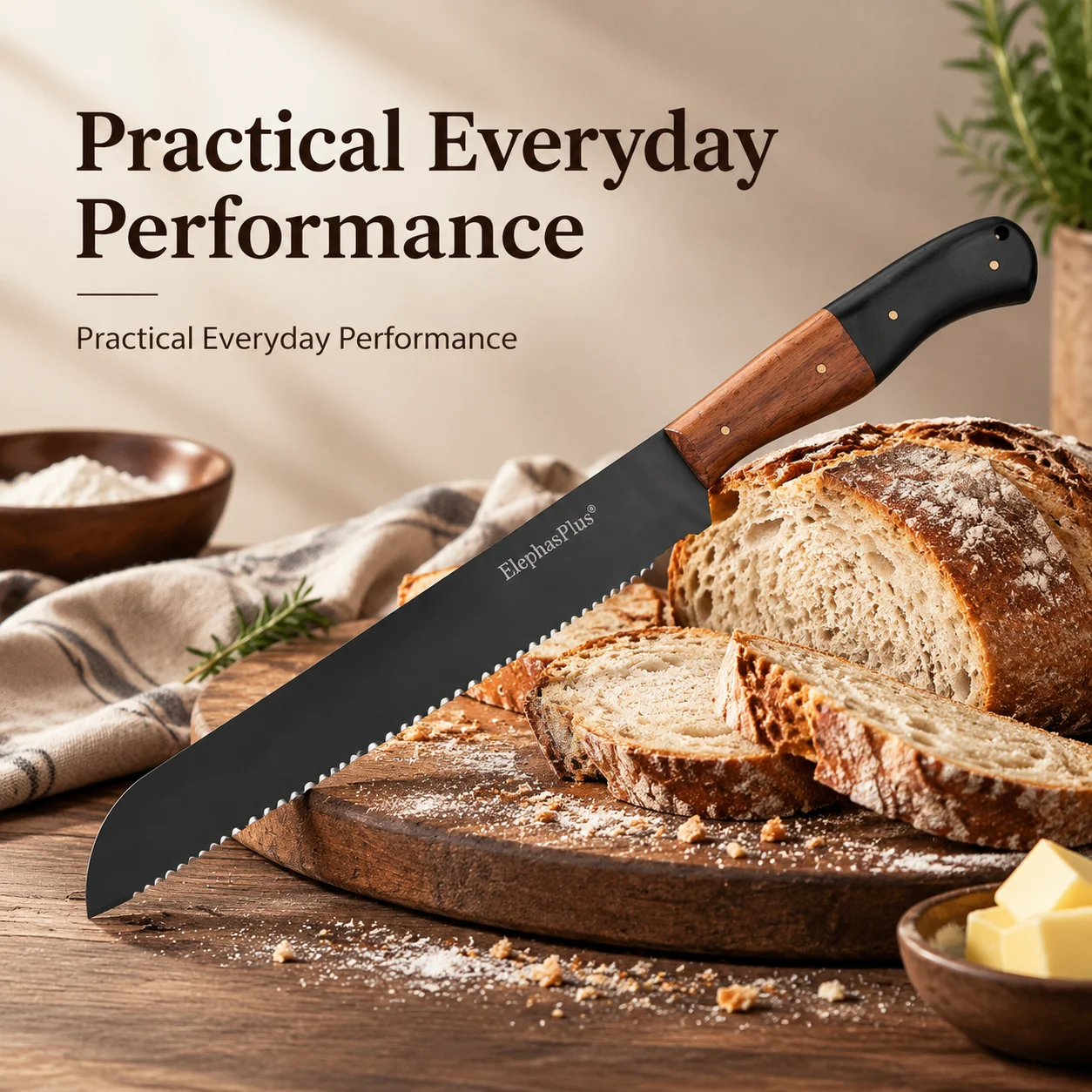 Premium Serrated Bread Knife - Titanium Coated Utility Knife For Kitchen Prep, Slicing Watermelon, Baguette & Cake