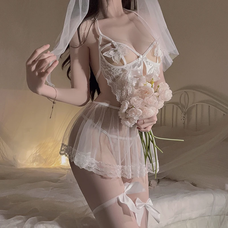 حجاب العروس لعب الأدوار فستان الزفاف الاباحية المثيرة الملابس الداخلية النسائية الدانتيل مثير المرأة موحدة بيبي دول تأثيري ازياء الملابس الداخلية #4