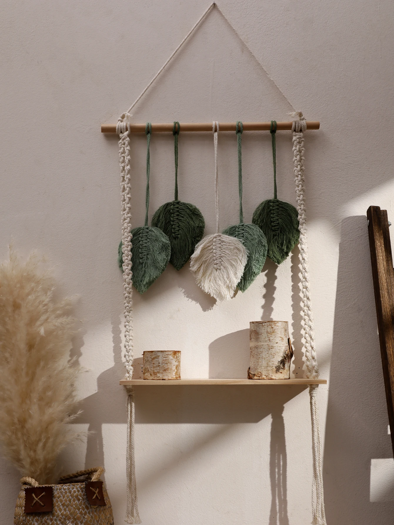Handwoven Macrame Hanging Shelf With Leaf Tassels Boho Chic…
