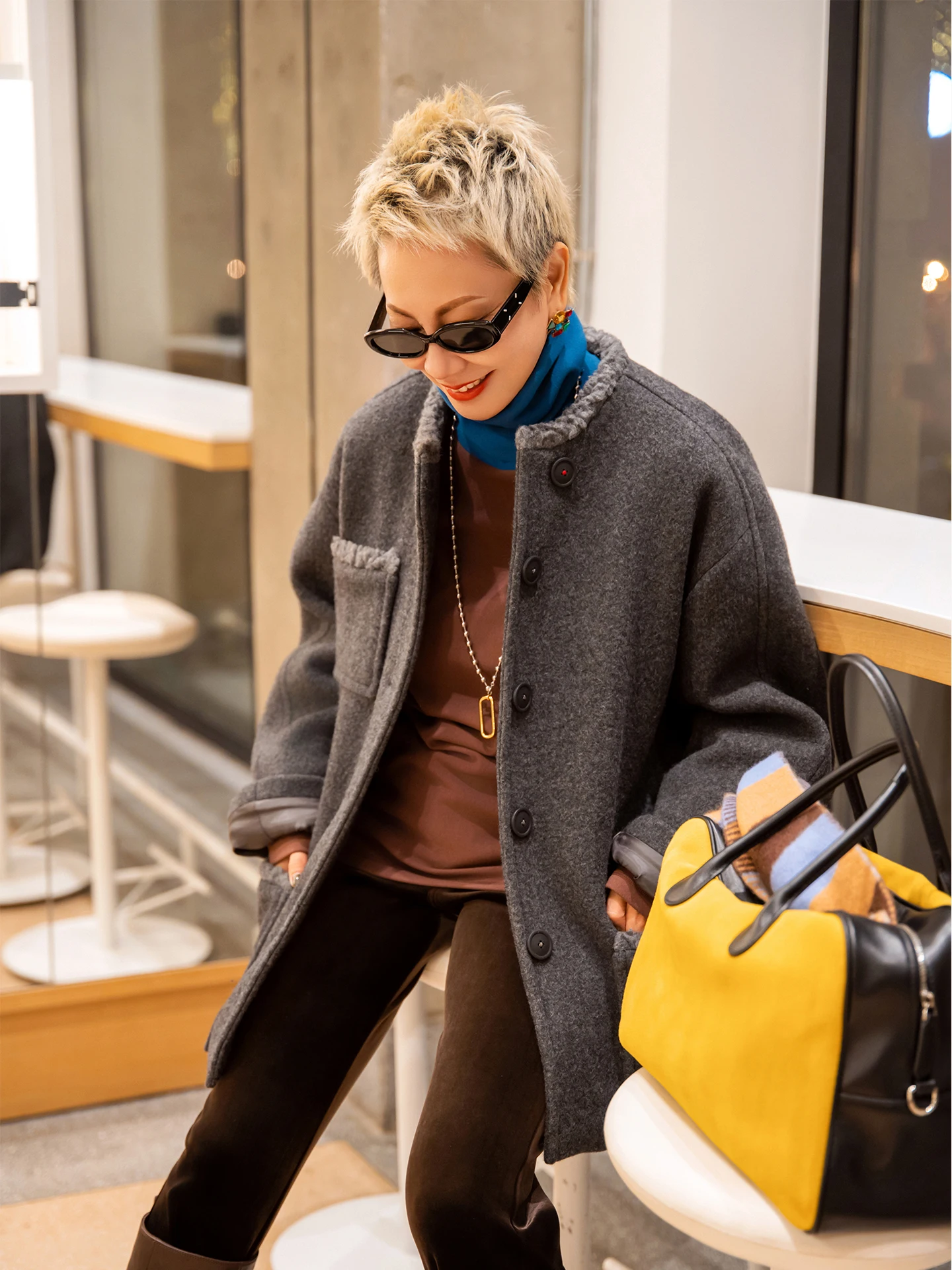 

Шерстяное пальто MGX из мохера с простым воротником-стойкой, повседневное, свободного кроя, средней длины, теплое, для ежедневной носки, женская модная зимняя верхняя одежда