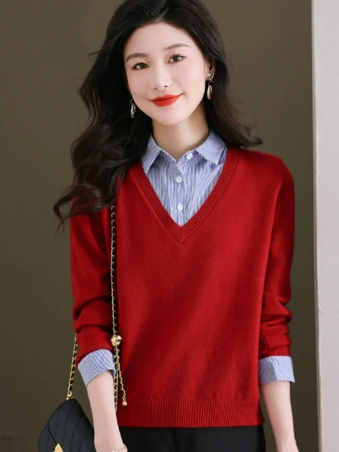 Otoño Invierno mujer Ne falso suéter de punto de dos piezas largo Sve mezcla de lana suave Casual Sle calidez cómoda