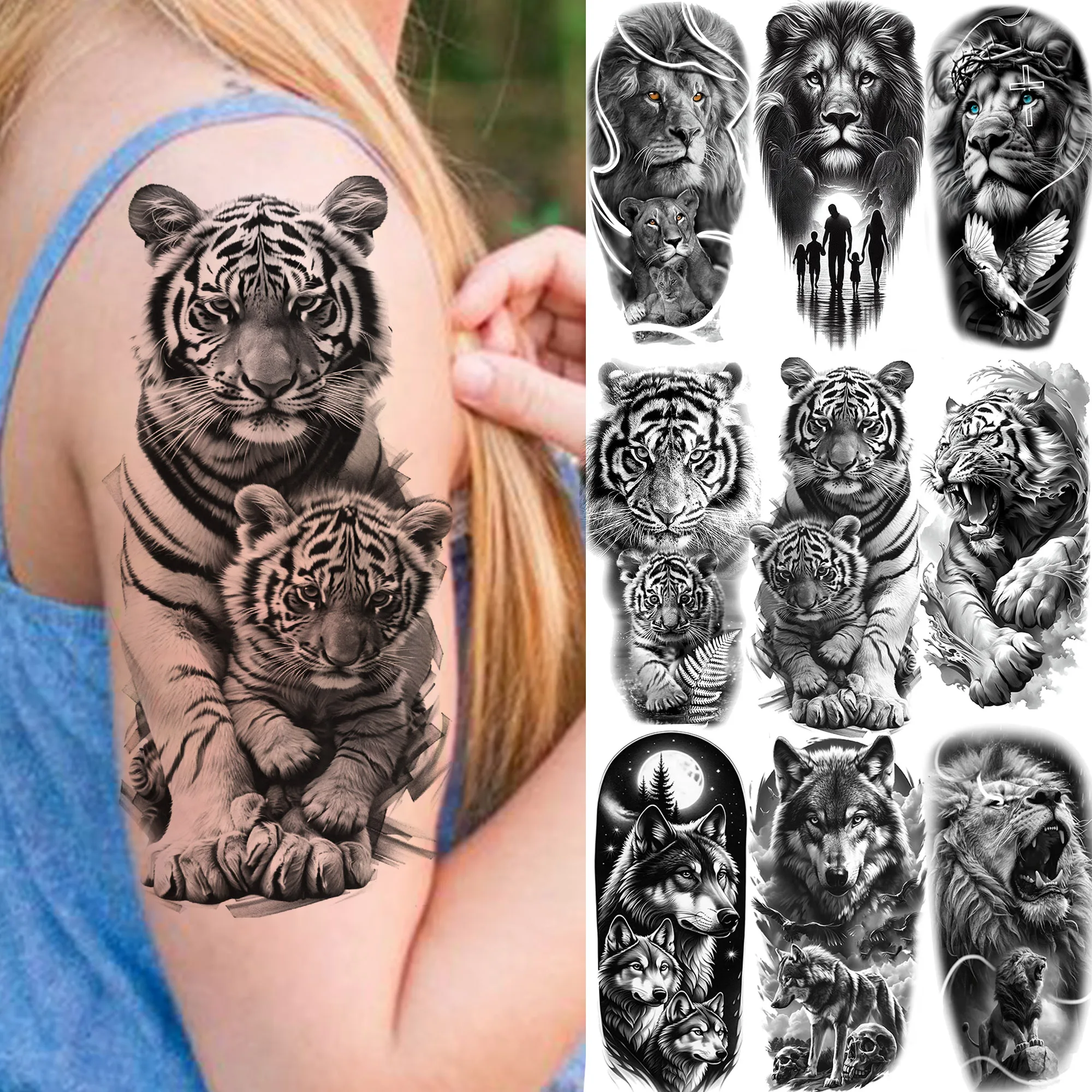 1 Sheet Creative Tiger With Baby Temporary Tattoos Family Love Design Wolf Tatoos Waterproof Fake Tattoos Long Lasting Stickers