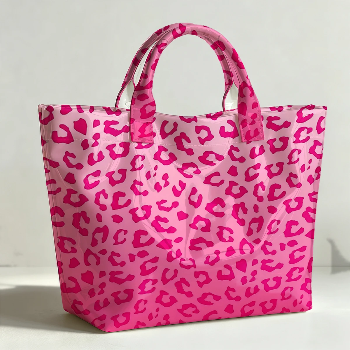 Gradient pink leopard PVC Tote Bag Lightweight Handbag Commuting Large Capacity Portable Travel Shoulder Bag Tote Bag Mothe