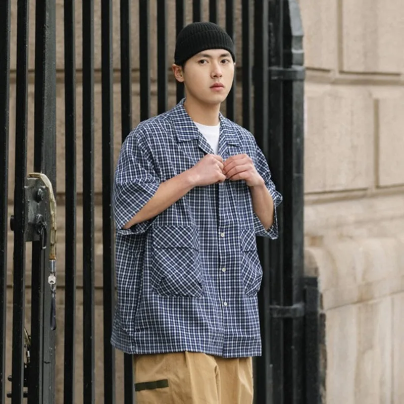 WVGA Summer New Man Tide Japanese Style Plaid Pocket Trendy Loose Short Shirt Niche Chic Casual Turn-Down Collar Tops Ins W23449