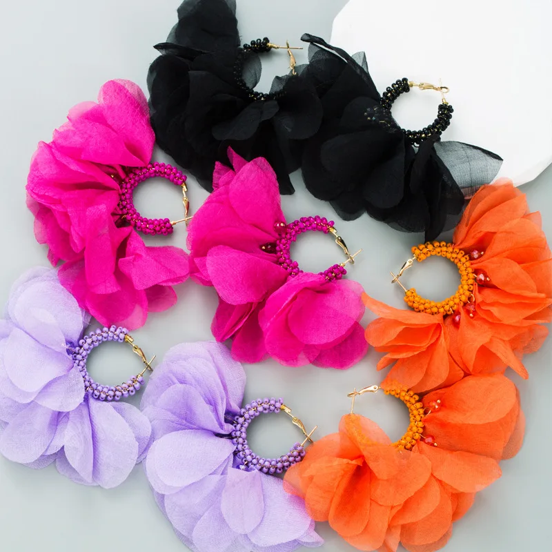 Personalized and creative hand-woven beaded flower earrings and earrings, Bohemian chiffon flower earrings