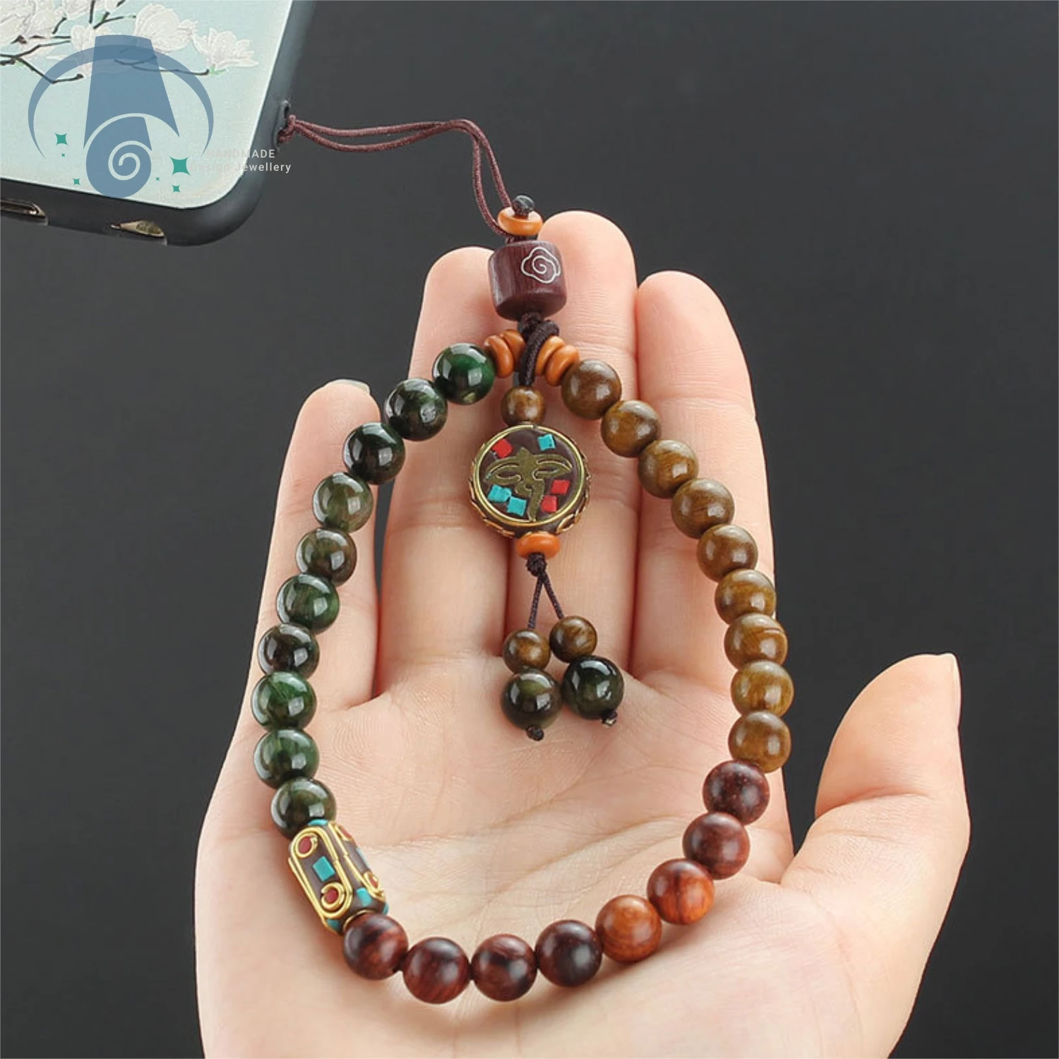 Chinese Style Buddha Beads Phone Lanyard Wrist Cord Natural Green Sandalwood and Tiger Eye Stone Short Anti Lost Strap Creative